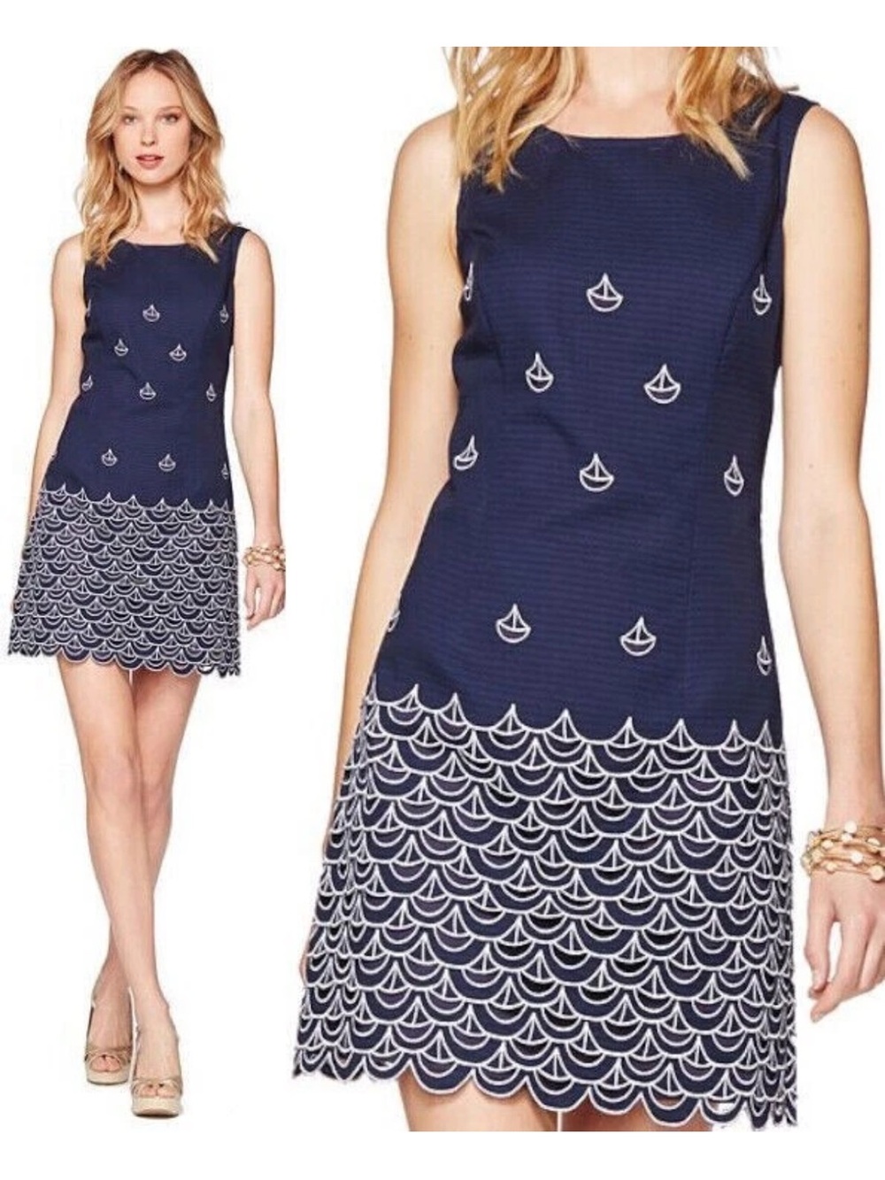 Lilly Pulitzer Navy White Sailboat Embroidered Sleeveless Mini Shift Dress 10